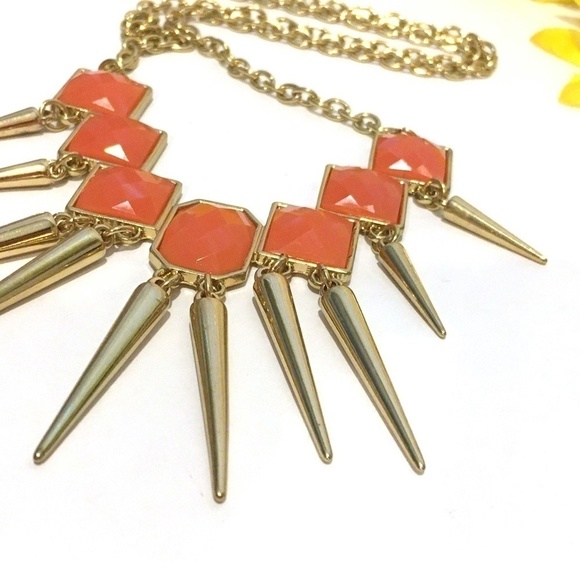 3/$29! Long Orange Gold Statement Necklace Spikes - Picture 3 of 8